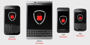 Imagem com smartphones Blindados: Classic, Passport Silver, Z10 e Q10 ProtectPhone Plus